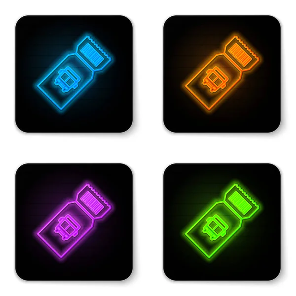 Glowing neon Bus ticket icon isolated on white background. Public transport ticket. Black square button. Vector Illustration — Stock Vector