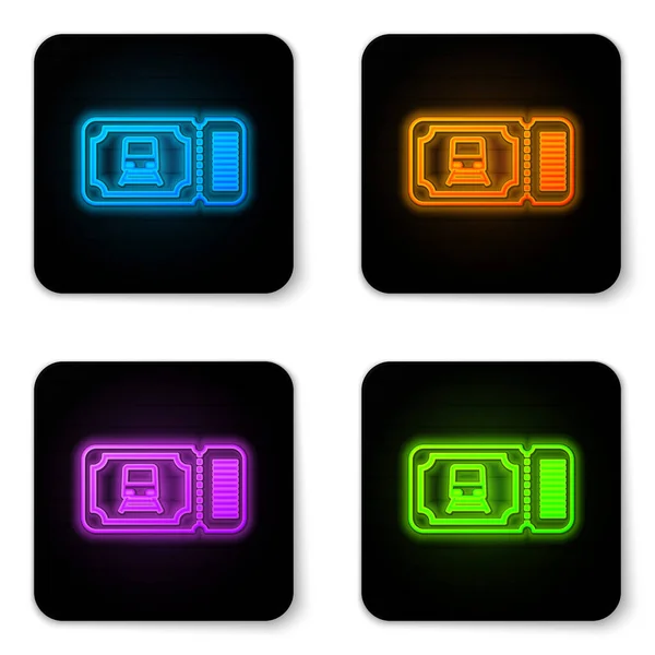 Glowing neon Train ticket icon isolated on white background. Travel by railway. Black square button. Vector Illustration — Stock Vector