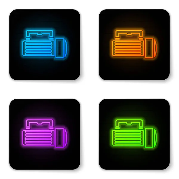 Glowing neon Flashlight icon isolated on white background. Tourist flashlight handle. Black square button. Vector Illustration — Stock Vector