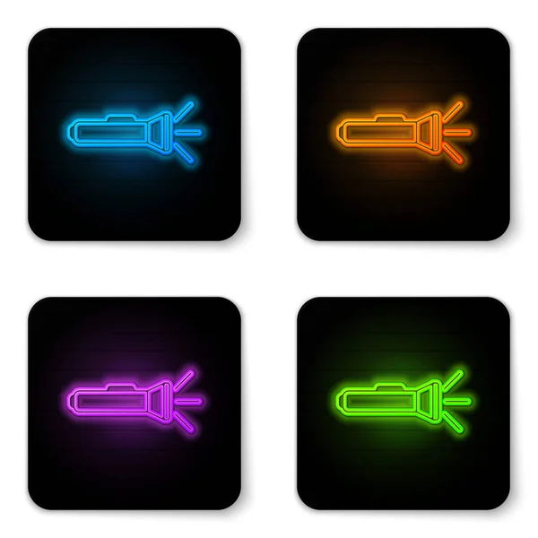 Leuchtende Neon Taschenlampe Symbol isoliert auf weißem Hintergrund. Schwarzer quadratischer Knopf. Vektorillustration — Stockvektor