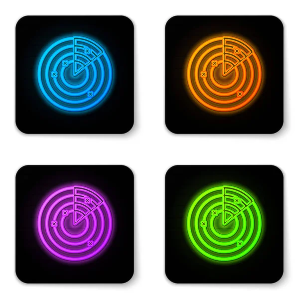 Glowing neon Radar with targets on monitor in searching icon isolated on white background. Military search system. Navy sonar. Black square button. Vector Illustration — Stock Vector