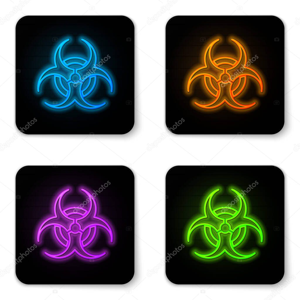 Glowing neon Biohazard symbol icon isolated on white background. Black square button. Vector Illustration