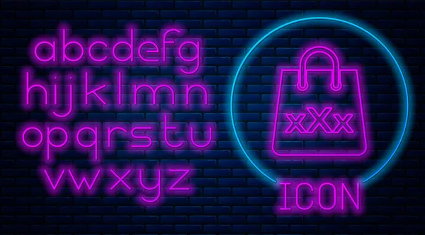 Gloeiende neon Shopping tas met een triple X pictogram geïsoleerd op bakstenen muur achtergrond. Neon licht alfabet. Vector Illustratie — Stockvector