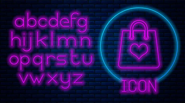 Glowing neon Shopping bag with heart icon isolated on brick wall background. Shopping bag shop love like heart icon. Valentines day symbol. Neon light alphabet. Vector Illustration — Stockvector