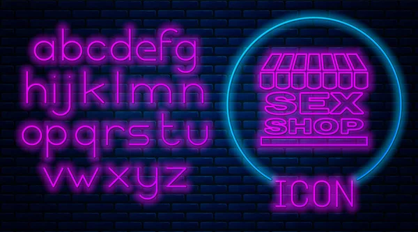 Glödande neon Sex shop byggnad med randig markis ikon isolerad på tegelvägg bakgrund. Sexshop, sexbutik, erotiska produkter för vuxna. Neonljus alfabet. Vektor Illustration — Stock vektor