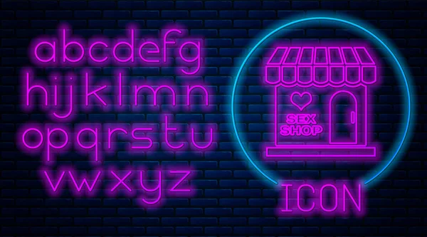 Glödande neon Sex shop byggnad med randig markis ikon isolerad på tegelvägg bakgrund. Sexshop, sexbutik, erotiska produkter för vuxna. Neonljus alfabet. Vektor Illustration — Stock vektor