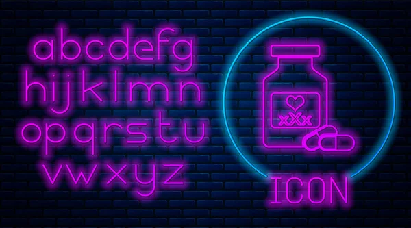 Glowing neon Medicine bottle with pills for potency, aphrodisiac icon isolated on brick wall background. Sex pills for men and women. Neon light alphabet. Vector Illustration — Stock Vector