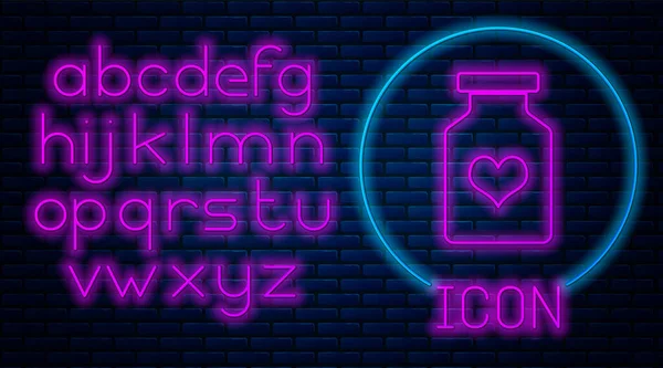 Leuchtende neonfarbene Medikamentenflasche mit Potenzpillen, Aphrodisiakum-Ikone isoliert auf Backsteinwand-Hintergrund. Sex-Pillen für Männer und Frauen. Neonlicht-Alphabet. Vektorillustration — Stockvektor