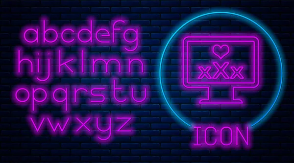 Glödande neon Datorskärm med 18 plus innehåll hjärta ikon isolerad på tegel vägg bakgrund. Åldersgräns symbol. Xxx innehållsskylt. Vuxenkanal. Neonljus alfabet. Vektor Illustration — Stock vektor