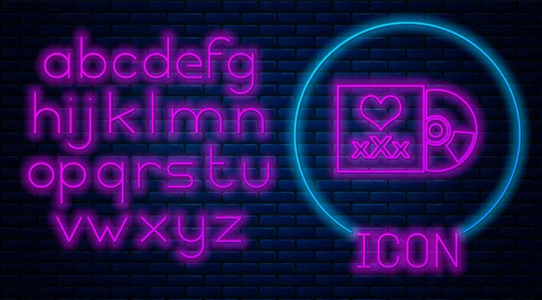 Glowing neon Disc with inscription XXX icon isolated on brick wall background. Age restriction symbol. 18 plus content sign. Adult channel. Neon light alphabet. Vector Illustration — Stock Vector