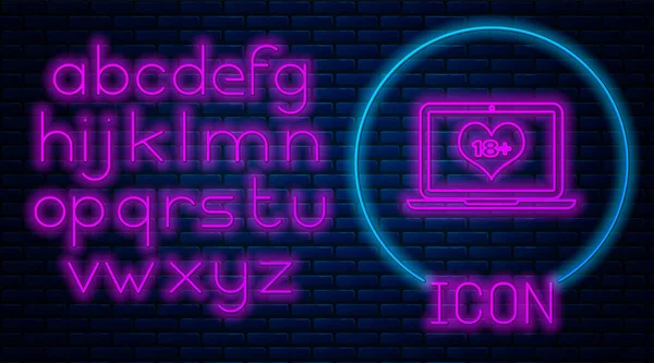 Gloeiende neon Laptop computer met 18 plus inhoud hart pictogram geïsoleerd op baksteen muur achtergrond. Leeftijdsbeperking symbool. 18 plus inhoud teken. Volwassen kanaal. Neon licht alfabet. Vector Illustratie — Stockvector