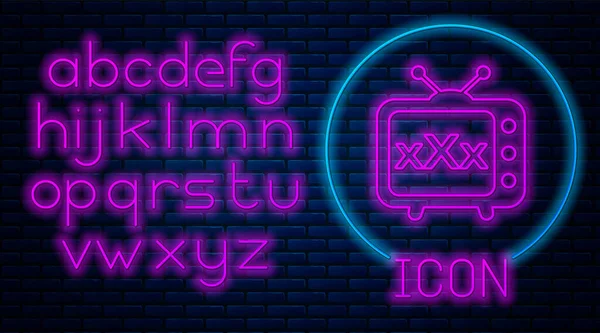 Glowing neon XXX tv old television icon isolated on brick wall background. Age restriction symbol. 18 plus content sign. Adult channel. Neon light alphabet. Vector Illustration — Stock Vector