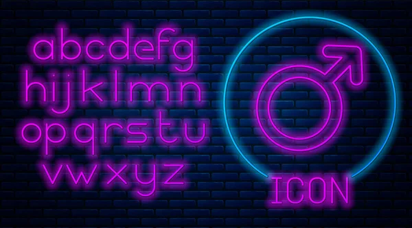 Glowing neon Male gender symbol icon isolated on brick wall background. Neon light alphabet. Vector Illustration — Stock Vector