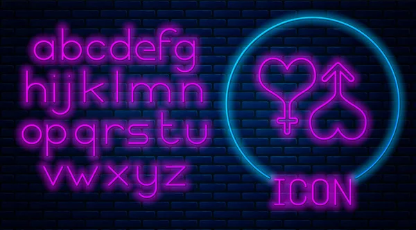 Gloeiende neon Man en vrouw symbool hart pictogram geïsoleerd op baksteen muur achtergrond. Geslacht symbool. Neon licht alfabet. Vector Illustratie — Stockvector