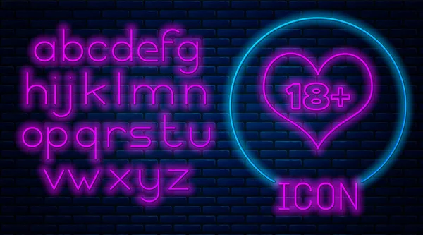 Gloeiende neon 18 plus inhoud hart pictogram geïsoleerd op baksteen muur achtergrond. Volwassenen inhoud alleen pictogram. Neon licht alfabet. Vector Illustratie — Stockvector