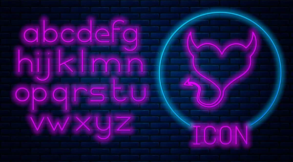 Glowing neon Devil heart with horns and a tail icon isolated on brick wall background. Valentines Day symbol. Neon light alphabet. Vector Illustration — Stock Vector