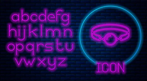 Glühender neonfarbener Silikon-Ball-Gag mit einem Ledergürtel-Symbol, isoliert auf Backsteinwand-Hintergrund. Fetisch-Accessoire. Sexspielzeug für Männer und Frauen. Neonlicht-Alphabet. Vektorillustration — Stockvektor