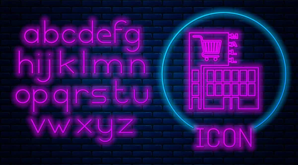 Leuchtende Neon-Mall oder Supermarkt Gebäude mit Einkaufswagen Symbol isoliert auf Backsteinwand Hintergrund. Laden oder Geschäft. Neonlicht-Alphabet. Vektorillustration — Stockvektor