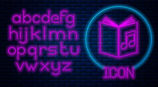 Gloeiende neon Audio boek pictogram geïsoleerd op baksteen muur achtergrond. Muzikale noot met boek. Geluidsgeleidingsbord. Online leerconcept. Neon licht alfabet. Vector Illustratie — Stockvector
