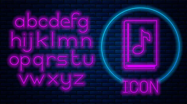 Glowing neon Audio book icon isolated on brick wall background. Musical note with book. Audio guide sign. Online learning concept. Neon light alphabet. Vector Illustration — ストックベクタ
