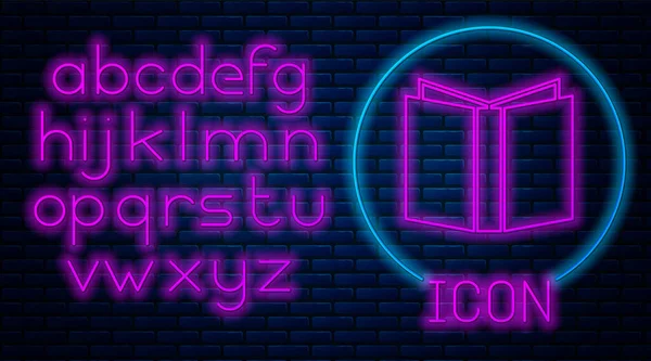 Leuchtende Neon Open book icon isoliert auf Backsteinwand Hintergrund. Neonlicht-Alphabet. Vektorillustration — Stockvektor