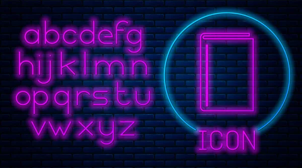 Glödande neonbok ikon isolerad på tegelvägg bakgrund. Neonljus alfabetet. Vektor illustration — Stock vektor