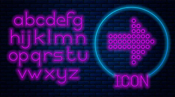 Glowing neon Dots arrow icon isolated on brick wall background. Halftone arrow. Dotted arrow sign. Neon light alphabet. Vector Illustration — ストックベクタ