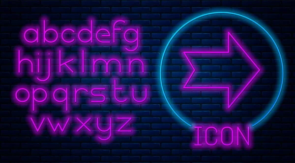 Glowing neon Arrow icon isolated on brick wall background. Direction Arrowhead symbol. Navigation pointer sign. Neon light alphabet. Vector Illustration — ストックベクタ