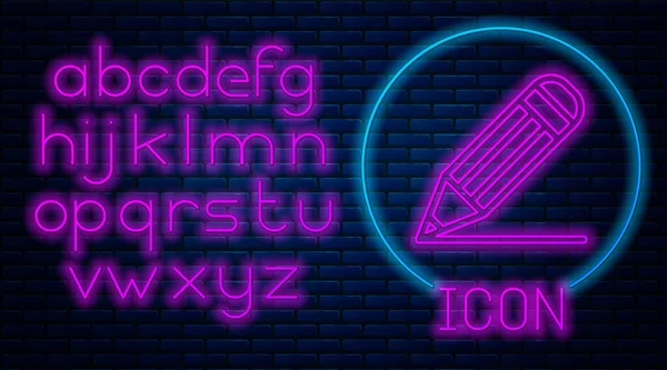 Gloeiend neon Potlood en lijn pictogram geïsoleerd op baksteen muur achtergrond. Onderwijsbord. Tekening en educatieve hulpmiddelen. Schoolkantoorsymbool. Neon licht alfabet. Vector Illustratie — Stockvector