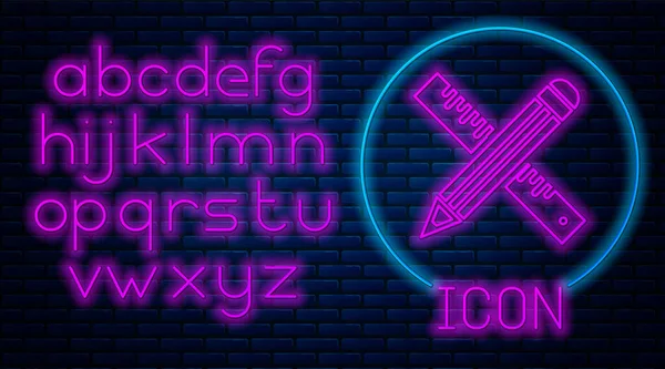 Glowing neon Crossed ruler and pencil icon isolated on brick wall background. Straightedge symbol. Drawing and educational tools. Neon light alphabet. Vector Illustration — Stock Vector