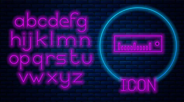 Leuchtende Neon-Lineal-Symbol isoliert auf Backsteinwand Hintergrund. Geradliniges Symbol. Neonlicht-Alphabet. Vektorillustration — Stockvektor