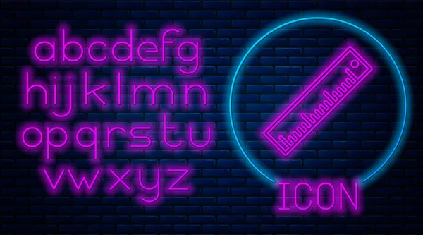Glowing neon Ruler icon isolated on brick wall background. Straightedge symbol. Neon light alphabet. Vector Illustration — Stock Vector