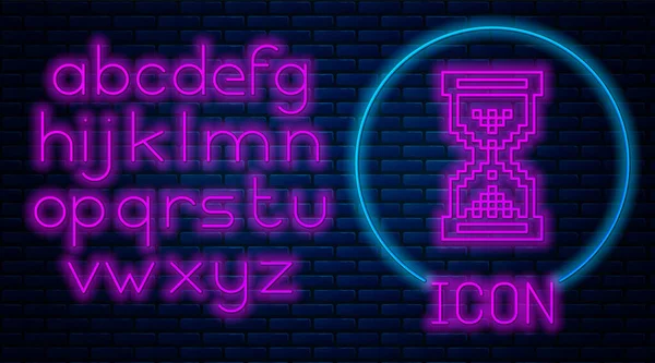 Zářící neonové hodiny pixel s tekoucí pískovou ikonou izolované na cihlové zdi pozadí. Pískové hodiny. Obchodní a časová koncepce. Neonová světlá abeceda. Vektorová ilustrace — Stockový vektor
