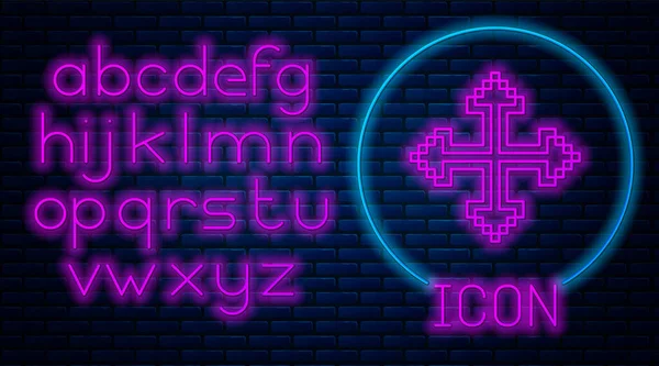 Fluo lumineux Pixel flèches dans quatre directions icône isolée sur fond de mur de briques. Curseur déplacer signe. Alphabet néon. Illustration vectorielle — Image vectorielle