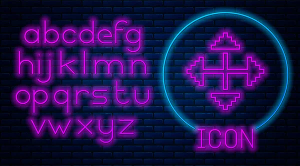Gloeiende neon Pixel pijlen in vier richtingen pictogram geïsoleerd op bakstenen muur achtergrond. Cursor verplaats teken. Neon licht alfabet. Vector Illustratie — Stockvector