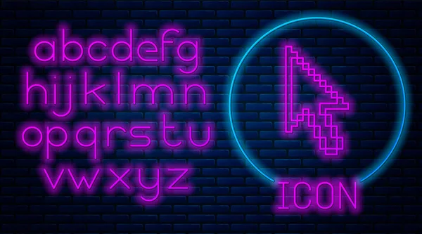 Glowing neon Pixel arrow cursor icon isolated on brick wall background. Neon light alphabet. Vector Illustration — Stock Vector
