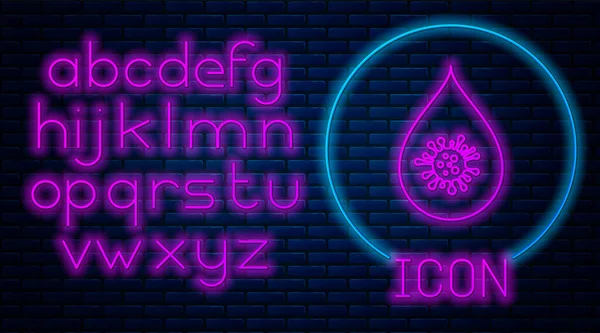 Leuchtende Neon schmutziges Wasser Tropfen Symbol isoliert auf Backsteinwand Hintergrund. Bakterien und Keime, Mikroorganismenerkrankungen, Zellkrebs, Mikroben, Viren, Pilze. Neonlicht-Alphabet. Vektorillustration — Stockvektor