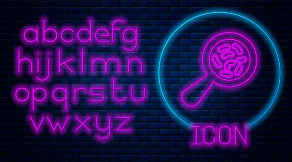 Glowing neon Microorganisms under magnifier icon isolated on brick wall background. Bacteria and germs, cell cancer, microbe, virus, fungi. Neon light alphabet. Vector Illustration — Stock Vector