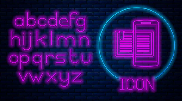 Gloeiende neon Smartphone en boek pictogram geïsoleerd op baksteen muur achtergrond. Online leren of e-learning concept. Neon licht alfabet. Vector Illustratie — Stockvector