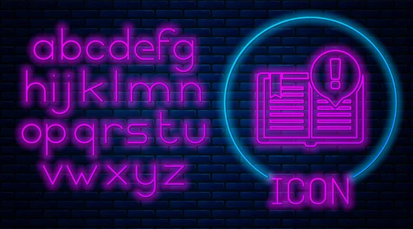 Gloeiende neon Interessante feiten icoon geïsoleerd op bakstenen muur achtergrond. Boek of artikelteken. Tekenen van uitroepteken. Neon licht alfabet. Vector Illustratie — Stockvector