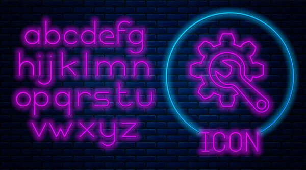 Glowing neon Wrench and gear icon isolated on brick wall background. Adjusting, service, setting, maintenance, repair, fixing. Neon light alphabet. Vector Illustration — Stock Vector