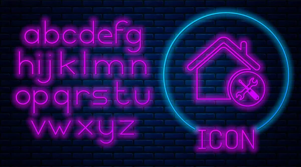 Glowing neon House or home with screwdriver and wrench icon isolated on brick wall background. Adjusting, service, setting, maintenance, repair, fixing. Neon light alphabet. Vector Illustration — Stock Vector