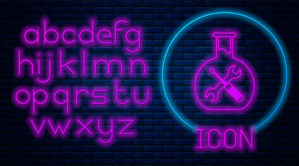 Glowing neon Bioengineering with screwdriver and wrench icon isolated on brick wall background. Adjusting, service, setting, maintenance, repair, fixing. Neon light alphabet. Vector Illustration — Stock Vector
