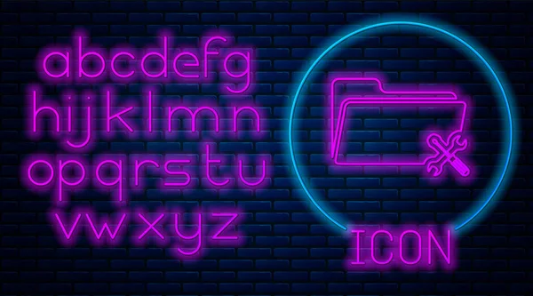 Leuchtende Neon-Ordner mit Schraubenzieher und Schraubenschlüssel-Symbol isoliert auf Backstein-Wand-Hintergrund. Anpassung, Service, Einstellung, Wartung, Reparatur, Reparatur. Neonlicht-Alphabet. Vektorillustration — Stockvektor