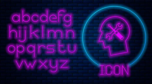 Glowing neon Human head with with screwdriver and wrench icon isolated on brick wall background. Artificial intelligence. Symbol work of brain. Neon light alphabet. Vector Illustration — Stock Vector
