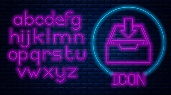 Leuchtende Neon-Download-Posteingangssymbol isoliert auf Backsteinwand Hintergrund. zum Archiv hinzufügen. Neonlicht-Alphabet. Vektorillustration — Stockvektor