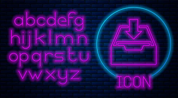 Świecący neon Pobierz ikonę skrzynki odbiorczej na tle cegły. Dodaj do archiwum. Neonowy alfabet świetlny. Ilustracja wektora — Wektor stockowy