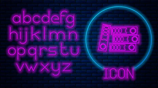 Gloeiende neon Office mappen met papieren en documenten pictogram geïsoleerd op baksteen muur achtergrond. Kantoormappen. Archief mapteken. Neon licht alfabet. Vector Illustratie — Stockvector