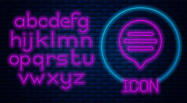 Glödande neon Tal bubbla chatt ikon isolerad på tegel vägg bakgrund. Meddelandeikonen. Kommunikation eller kommentera chatt symbol. Neonljus alfabet. Vektor Illustration — Stock vektor