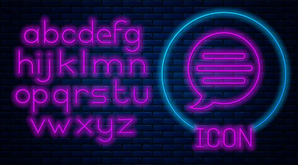Leuchtende Neon-Sprechblase Chat-Symbol isoliert auf Backsteinwand Hintergrund. Nachrichtensymbol. Kommunikation oder Kommentar Chat-Symbol. Neonlicht-Alphabet. Vektorillustration — Stockvektor